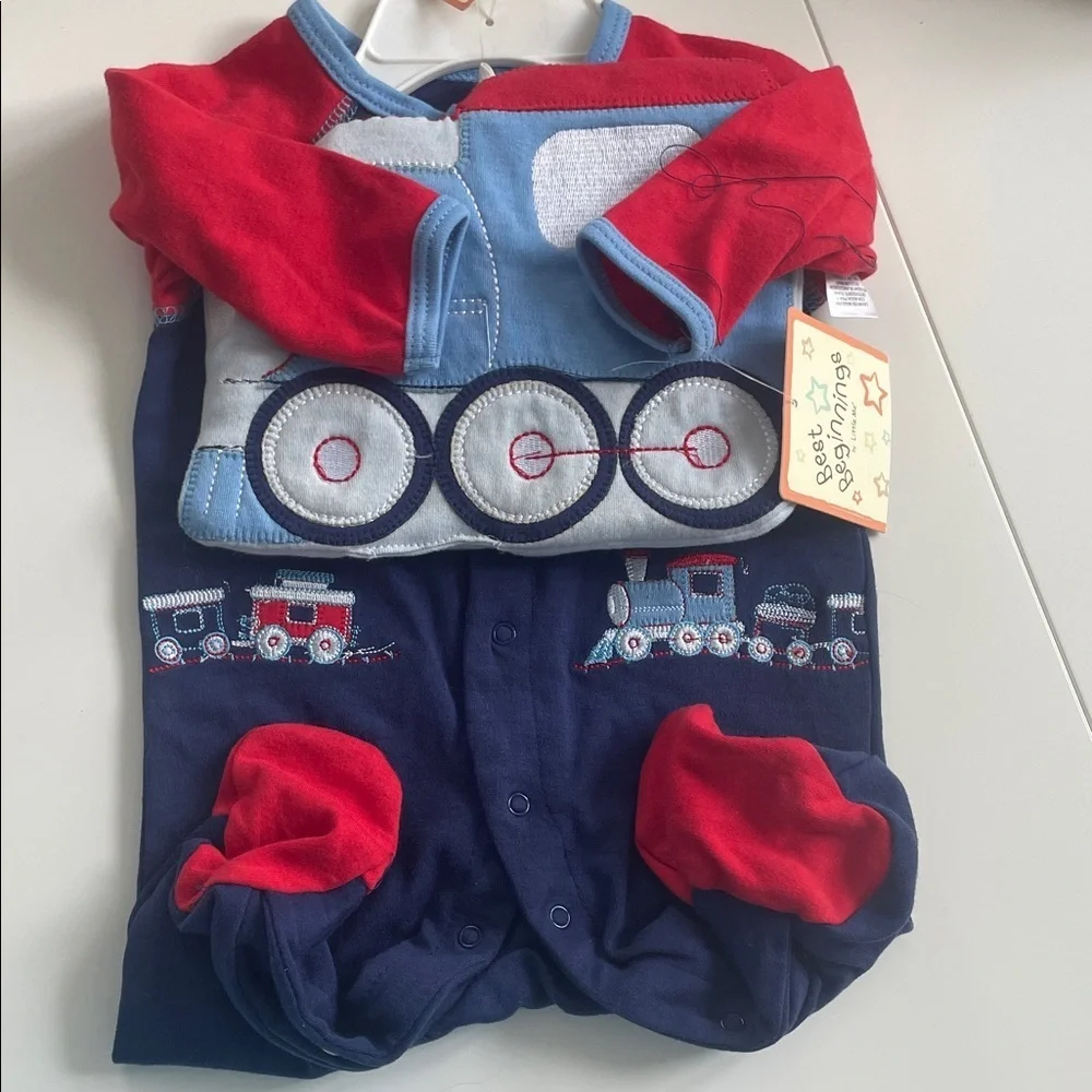 Red and Blue Train-Themed Baby Onesie